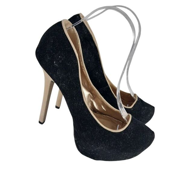 QUPID! BLACK VELVETEEN & TAN VEGAN SUEDE STILETTO PLATFORM HEELS, PUMPS! SZ 8.5M - Picture 14 of 14